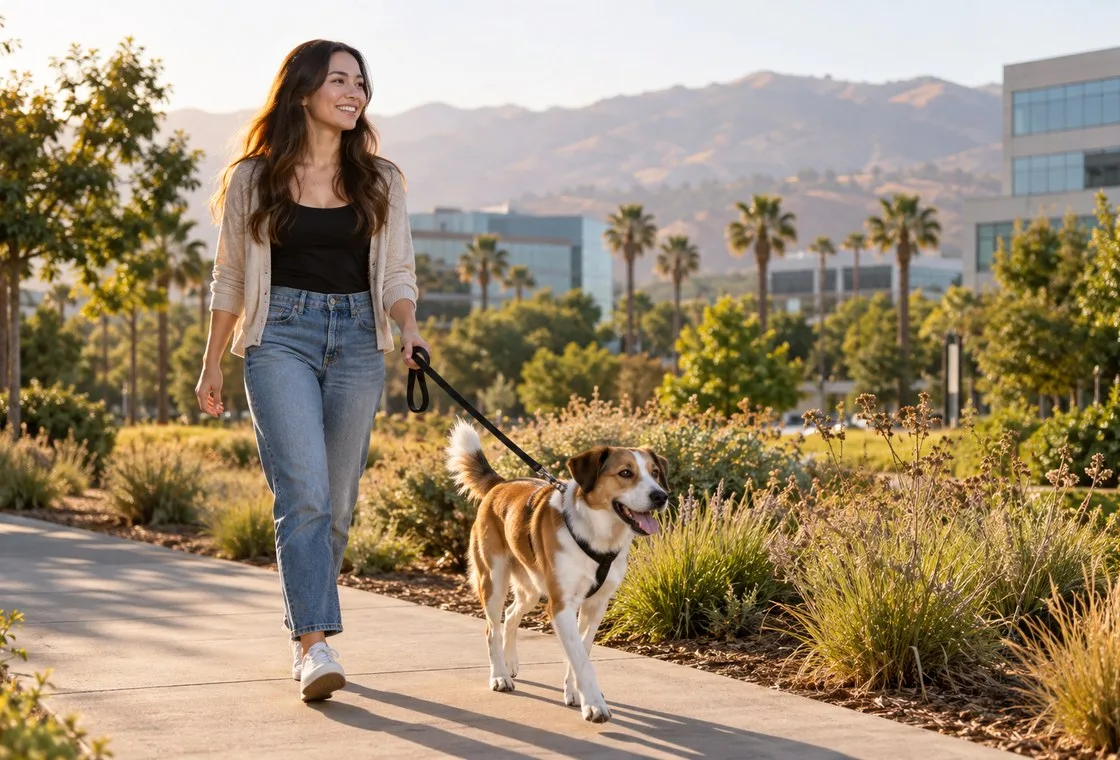 Owner walking a dog along a landscaped path